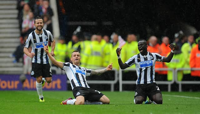 Newcastle United player Mathieu Debuchy celebrates his goal against Sunderland at Stadium of Light. (Photo by Stu Forster/Getty Images)