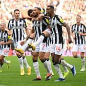 Joelinton of Newcastle United celebrates with teammates after scoring his team's first goal during the Emirates FA Cup Third Round match between Sunderland and Newcastle United at Stadium of Light on January 06, 2024 in Sunderland, England. 