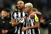 Joelinton of Newcastle United celebrates with teammate Bruno Guimaraes following the team's victory during the Premier League match between Newcastle United and Chelsea FC at St. James Park on November 25, 2023 in Newcastle upon Tyne, England. (Photo by Ian MacNicol/Getty Images)