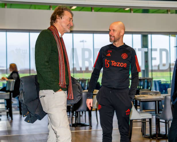 Sir Jim Ratcliffe and Sir Dave Brailsford of INEOS meet Manchester United boss Erik ten Hag. (Photo by Manchester United/Manchester United via Getty Images)