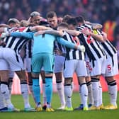 Newcastle United players enter a huddle prior to the Emirates FA Cup Third Round match between Sunderland and Newcastle United at Stadium of Light on January 06, 2024 in Sunderland, England. (Photo by Stu Forster/Getty Images)