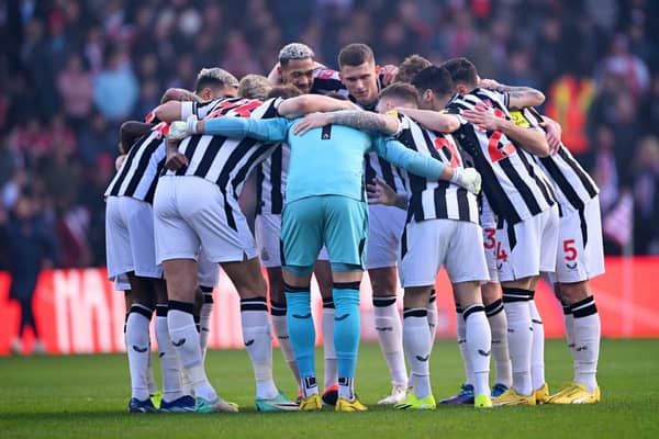 Newcastle United players enter a huddle prior to the Emirates FA Cup Third Round match between Sunderland and Newcastle United at Stadium of Light on January 06, 2024 in Sunderland, England. (Photo by Stu Forster/Getty Images)