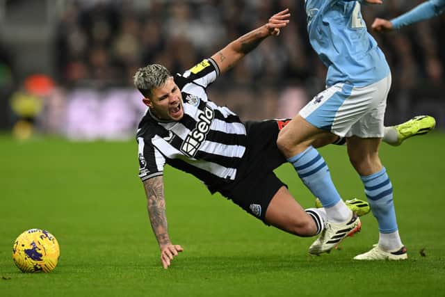 Newcastle United midfielder Bruno Guimaraes is one yellow card away from serving a Premier League two-match ban. (Photo by OLI SCARFF/AFP via Getty Images)