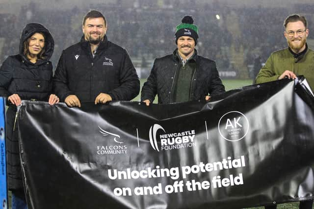 From left: Kallie Smith of AK Teaching, Mark Tampin, Prop, Sam Stuart, scrum half and Josh Dixon, of AK Teaching. Photo: Other 3rd Party.