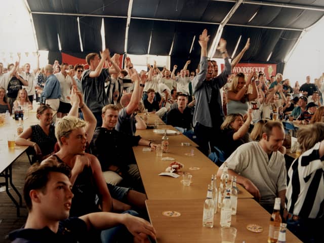 During Eurofest in 1996 - crowd of football supporters celebrate