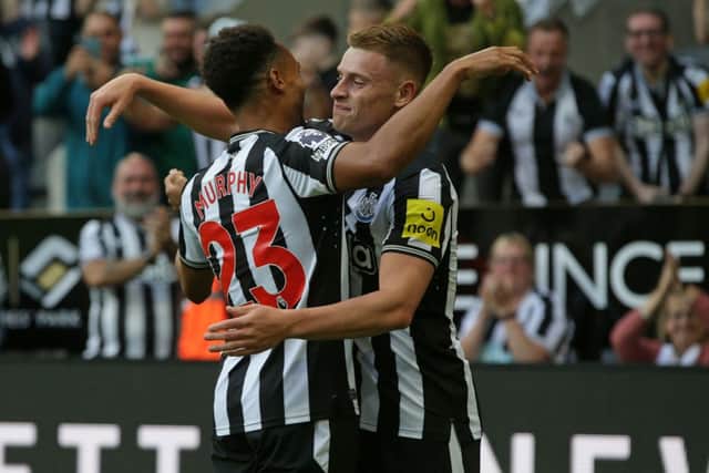 Newcastle United wingers Harvey Barnes (right) and Jacob Murphy (left). (Photo by IAN HODGSON/AFP via Getty Images)