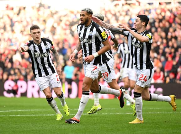 Joelinton celebrates scoring his team's first goal during the Emirates FA Cup Third Round match between Sunderland and Newcastle United. (Photo by Michael Regan/Getty Images)