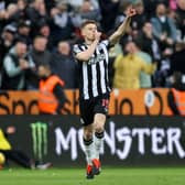 Harvey Barnes of Newcastle United celebrates scoring his team's fourth goal during the Premier League match between Newcastle United and Luton Town at St. James Park on February 03, 2024 in Newcastle upon Tyne, England. (Photo by George Wood/Getty Images)