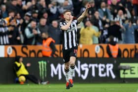 Harvey Barnes of Newcastle United celebrates scoring his team's fourth goal during the Premier League match between Newcastle United and Luton Town at St. James Park on February 03, 2024 in Newcastle upon Tyne, England. (Photo by George Wood/Getty Images)