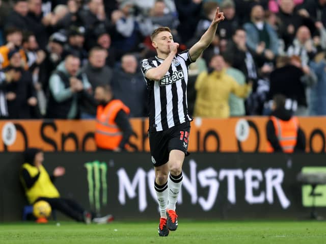 Harvey Barnes of Newcastle United celebrates scoring his team's fourth goal during the Premier League match between Newcastle United and Luton Town at St. James Park on February 03, 2024 in Newcastle upon Tyne, England. (Photo by George Wood/Getty Images)