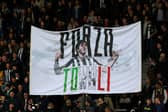 A general view of flag which reads "Forza Tonali", featuring Sandro Tonali of Newcastle United. (Photo by Ian MacNicol/Getty Images)