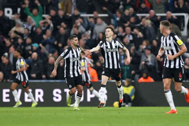 Bruno Guimaraes and Joe White of Newcastle United celebrate Matt Ritchie of Newcastle United (not pictured) scores second goal. (Photo by George Wood/Getty Images)