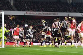 Jakub Kiwior of Arsenal scores his team's fourth goal during the Premier League match between Arsenal FC and Newcastle United. (Photo by Stuart MacFarlane/Arsenal FC via Getty Images)
