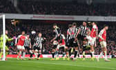 Jakub Kiwior of Arsenal scores his team's fourth goal during the Premier League match between Arsenal FC and Newcastle United. (Photo by Stuart MacFarlane/Arsenal FC via Getty Images)