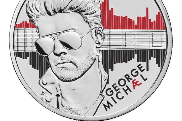 The George Michael Royal Mint coin features an engraving of Michael wearing his iconic aviator glasses and leather jacket, as well as a refrain from his hit 'Faith'. (Credit: The Royal Mint/PA)