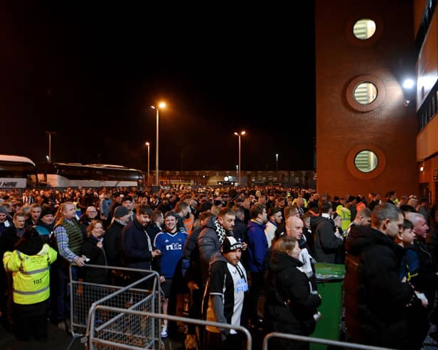 Newcastle United fans queue outside the stadium as kick-off is delayed by 15 minutes prior to the Emirates FA Cup Fifth Round match between Blackburn Rovers and Newcastle United at Ewood Park on February 27, 2024 in Blackburn, England. (Photo by Stu Forster/Getty Images)