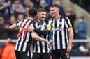 Newcastle United trio Tino Livramento (left), Fabian Schar (middle) and Sven Botman (right). (Photo by George Wood/Getty Images)