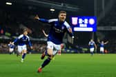 Leif Davis of Ipswich Town celebrates scoring his team's third goal during the Sky Bet Championship match between Ipswich Town and Bristol City at Portman Road on March 05, 2024 in Ipswich, England.
