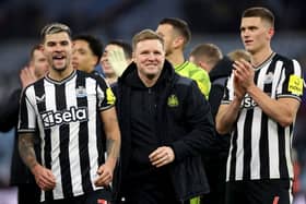 Newcastle United midfielder Bruno Guimaraes (left), head coach Eddie Howe (middle) and defender Sven Botman (right). (Photo by Catherine Ivill/Getty Images)