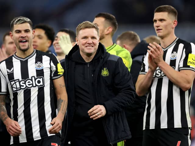 Newcastle United midfielder Bruno Guimaraes (left), head coach Eddie Howe (middle) and defender Sven Botman (right). (Photo by Catherine Ivill/Getty Images)