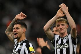 Newcastle United duo Bruno Guimaraes and Anthony Gordon. (Photo by PAUL ELLIS/AFP via Getty Images)