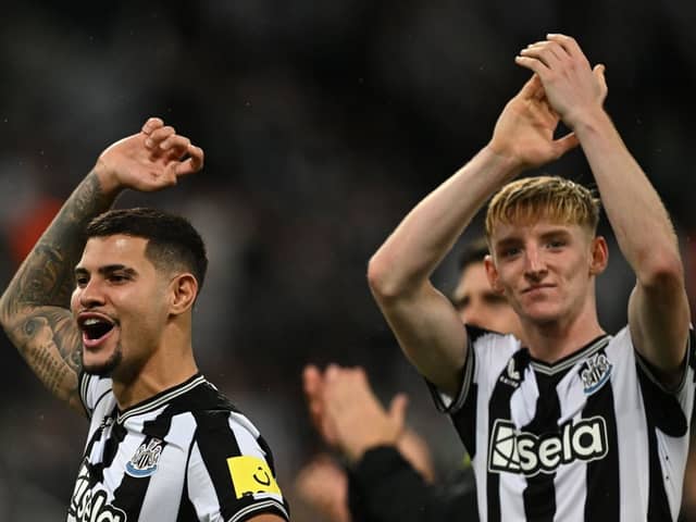 Newcastle United duo Bruno Guimaraes and Anthony Gordon. (Photo by PAUL ELLIS/AFP via Getty Images)