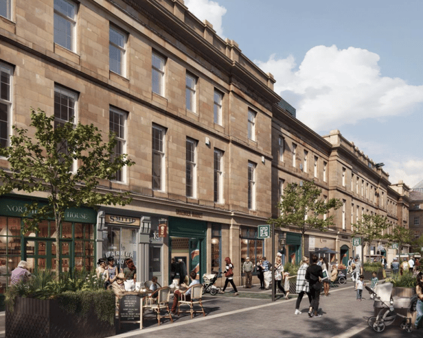 Daytime view of Nelson Street illustrating how the street will be cleared of clutter and pedestrian
priority reinforced. New planters and signage will help delineate the market entrances and green the
street, and parklets and traders’ zones will offer places to sit, rest, meet, eat.