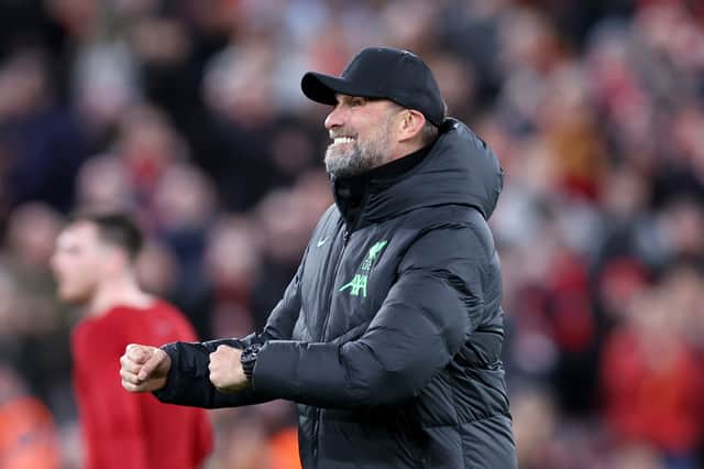 Jurgen Klopp, Manager of Liverpool, celebrates following the team's victory during the UEFA Europa League 2023/24 round of 16 second leg match between Liverpool FC and AC Sparta Praha at Anfield on March 14, 2024 in Liverpool, England. (Photo by Alex Livesey/Getty Images)