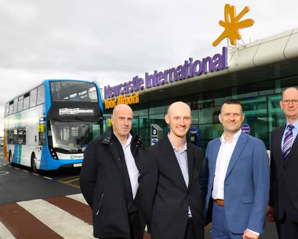 Steve Walker, MD for Stagecoach North East, Adam Ewart, Airport Planner, Graeme Mason, Chief Sustainability and Communications Officer at Newcastle Airport, and Huw Lewis, Customer Services Director at Nexus.