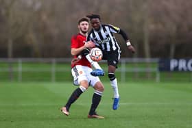 Newcastle United young winger Trevan Sanusi.. (Photo by Manchester United/Manchester United via Getty Images)