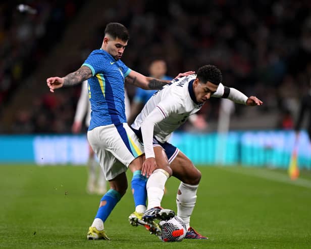 Newcastle United midfielder Bruno Guimaraes in action for Brazil against England. 