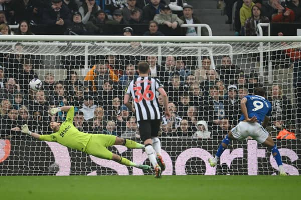 Martin Dubravka of Newcastle United fails to save a penalty kick from Dominic Calvert-Lewin of Everton, resulting in Everton's first goal during the Premier League match between Newcastle United and Everton FC at St. James Park on April 02, 2024 in Newcastle upon Tyne, England.