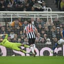 Martin Dubravka of Newcastle United fails to save a penalty kick from Dominic Calvert-Lewin of Everton, resulting in Everton's first goal during the Premier League match between Newcastle United and Everton FC at St. James Park on April 02, 2024 in Newcastle upon Tyne, England.