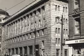 A view of the exterior of Pilgrim Street Fire Station Newcastle upon Tyne taken in 1965. The entrance to Worswick Street is to the right of the fire station and Market Street and the corner of Carliol House are to the left.