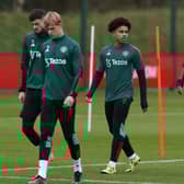 Joe Hugill, Toby Collyer, Shola Shoretire and Sam Mather in action during a first team training session