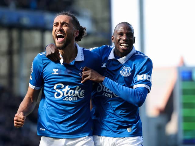 Dominic Calvert-Lewin of Everton celebrates scoring his team's first goal with teammate Abdoulaye Doucoure during the Premier League match between Everton FC and Burnley FC at Goodison Park on April 06, 2024 in Liverpool, England. (Photo by Matt McNulty/Getty Images) (Photo by Matt McNulty/Getty Images)