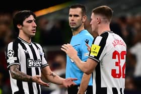 Newcastle United midfielder Sandro Tonali is replaced by Elliot Anderson during Champions League clash vs AC Milan.  (Photo by MARCO BERTORELLO/AFP via Getty Images)