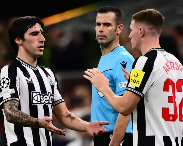 Newcastle United midfielder Sandro Tonali is replaced by Elliot Anderson during Champions League clash vs AC Milan.  (Photo by MARCO BERTORELLO/AFP via Getty Images)