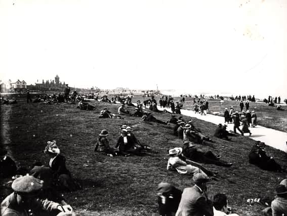 A bustling crowd of people lounge about on the grassy coastal stretch.