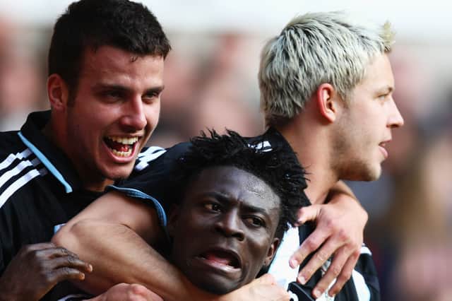 Newcastle United players celebrate one of Kevin Keegan's finest wins during his second win as manager in March 2008