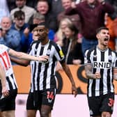 Bruno Guimaraes of Newcastle United celebrates after teammate Alexander Isak scores the team's third goal during the Premier League match between Newcastle United and Tottenham Hotspur at St. James Park on April 13, 2024 in Newcastle upon Tyne, England. (Photo by Stu Forster/Getty Images) (Photo by Stu Forster/Getty Images)