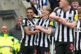 Newcastle United's English midfielder #10 Anthony Gordon (C) celebrates with teammates after scoring their second goal during the English Premier League football match between Newcastle United and Tottenham Hotspur. (Photo by ANDY BUCHANAN/AFP via Getty Images)