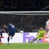  Kylian Mbappe of Paris Saint-Germain scores the team's first goal from a penalty kick during the UEFA Champions League match vs Newcastle United. (Photo by Justin Setterfield/Getty Images)