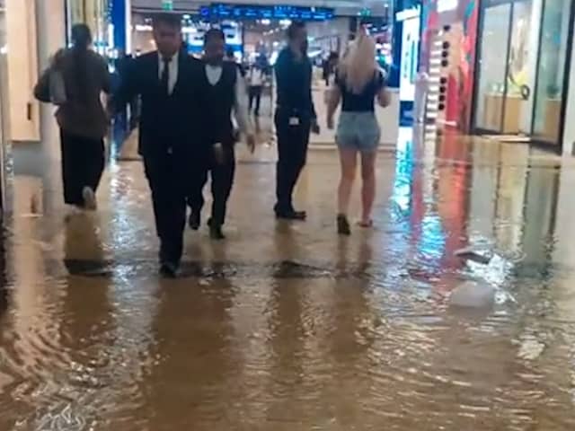 Water was seen gushing from the ceiling of shop after it partially collapsed due to heavy rain.