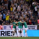 Elliot Anderson of Newcastle United celebrates with teammates after scoring their team's second goal  during the Premier League Summer Series match between Brighton & Hove Albion and Newcastle United at Red Bull Arena on July 28, 2023 in Harrison, New Jersey.