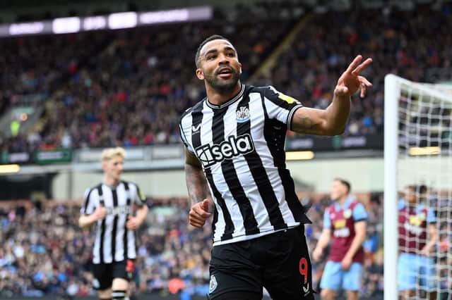 Callum Wilson of Newcastle United celebrates scoring his team's first goal during the Premier League match between Burnley FC and Newcastle United at Turf Moor on May 04, 2024 in Burnley, England. 