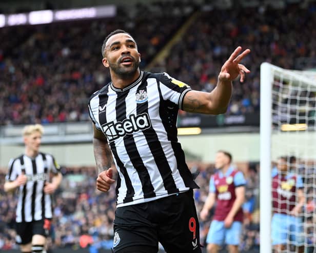 Callum Wilson of Newcastle United celebrates scoring his team's first goal during the Premier League match between Burnley FC and Newcastle United at Turf Moor on May 04, 2024 in Burnley, England. 