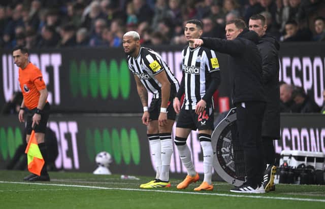 Newcastle United attacking duo Joelinton and Miguel Almiron. (Photo by Stu Forster/Getty Images)