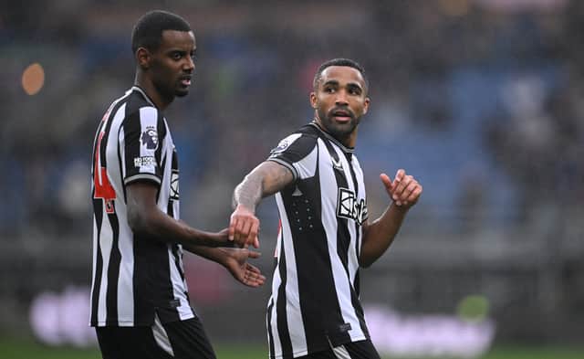 Alexander Isak of Newcastle United and Callum Wilson during the Premier League match between Burnley FC and Newcastle United at Turf Moor on May 04, 2024 in Burnley, England. (Photo by Stu Forster/Getty Images)