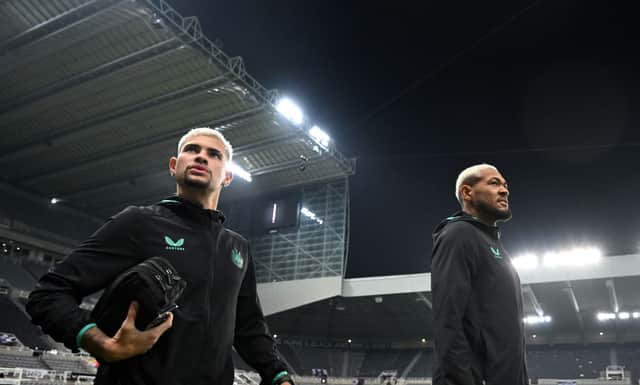 Newcastle United midfield duo Bruno Guimaraes and Joelinton. (Photo by Stu Forster/Getty Images)